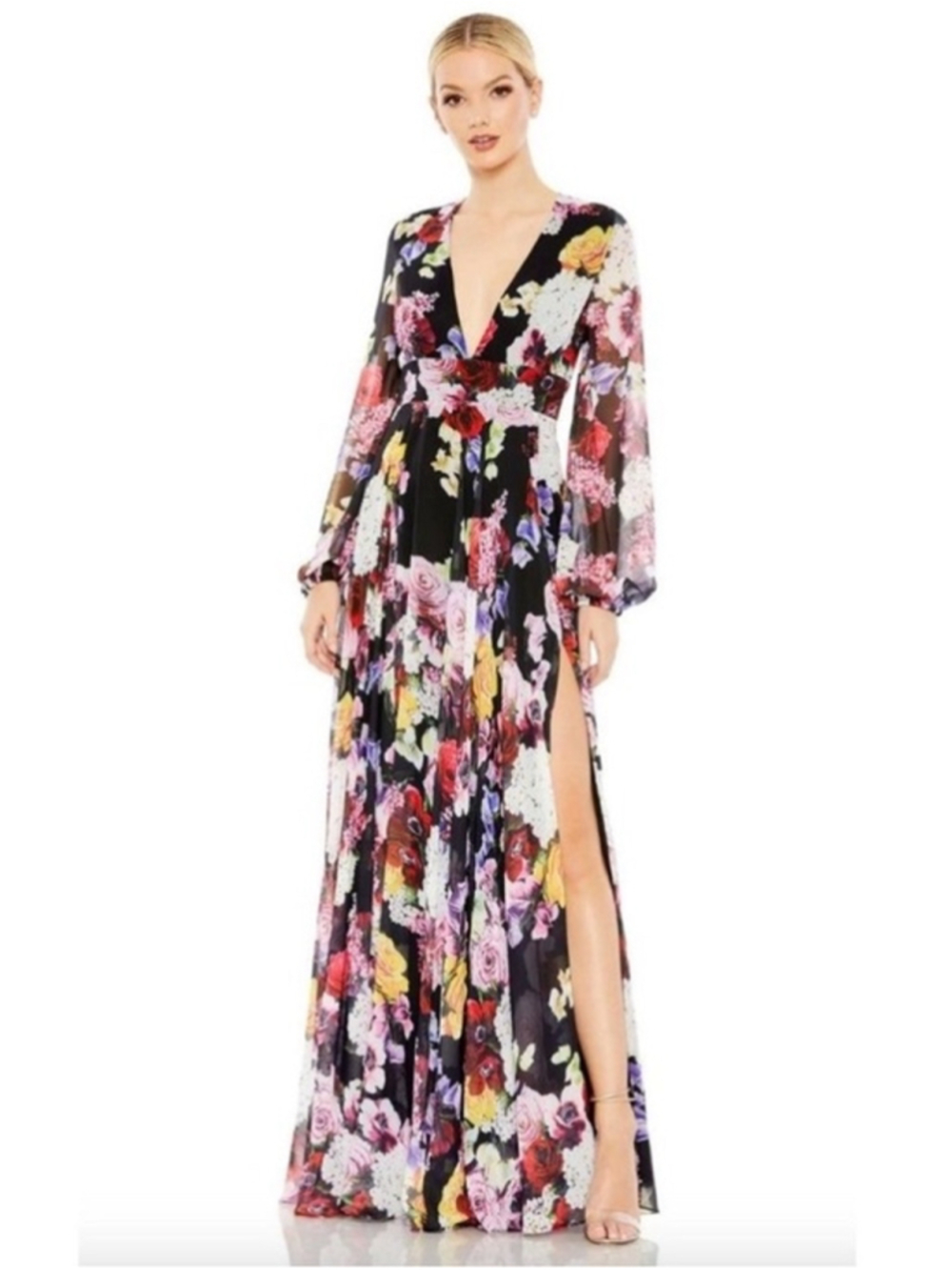 Women's Ieena for Mac Duggal Floral Maxi Dress Size 4 Black Multicolor